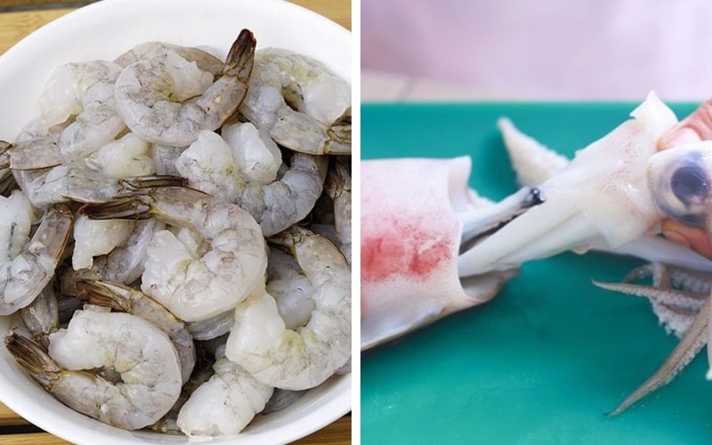 Sơ chế tôm và mực làm chả giò hải sản cuộn rong biển