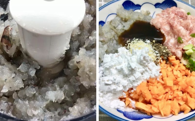 Trộn và ướp gia vị làm chả tôm