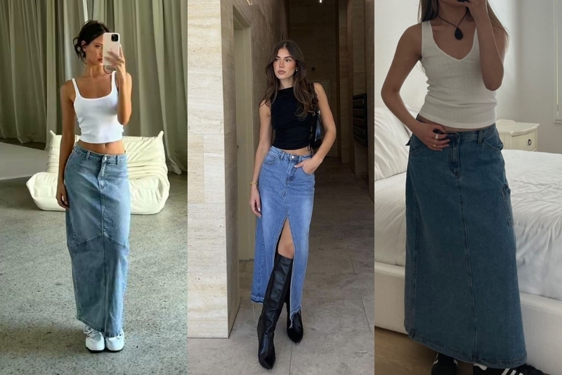 Cách phối chân váy jean dài với áo hai dây