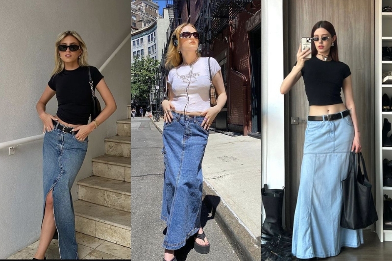 Chân váy jean dài phối cùng áo croptop