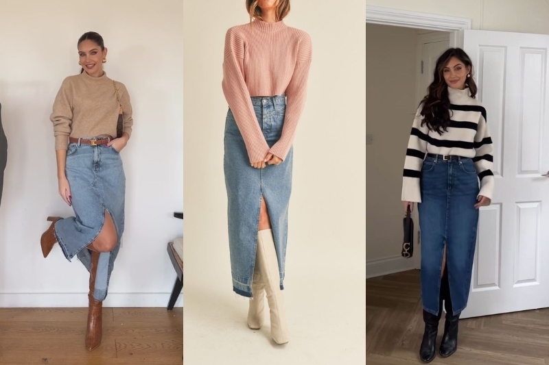 Phối chân váy jean dài với áo sweater style Hàn Quốc