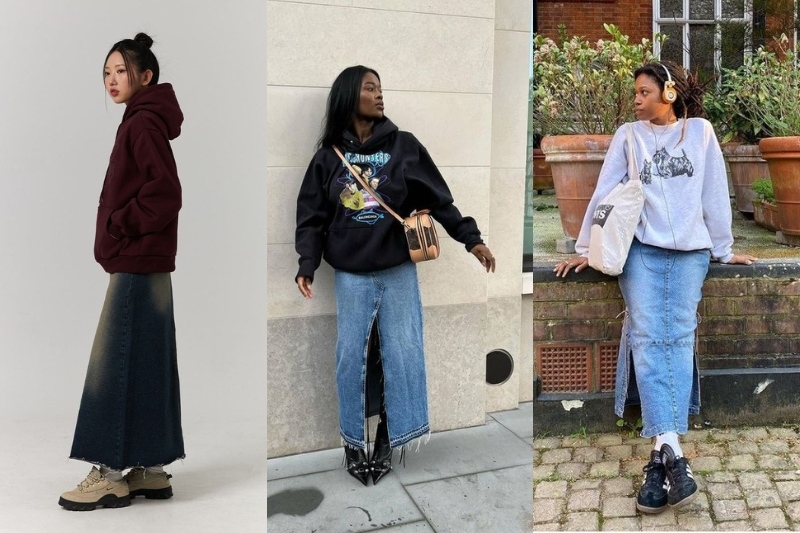 Chân váy jean dài phối cùng áo hoodie