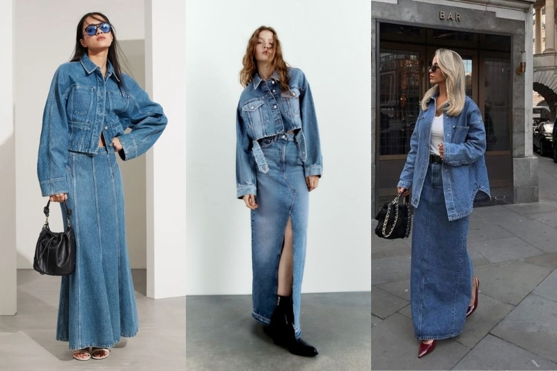 Chân váy jean dài phối với áo denim, phong cách “denim on denim”