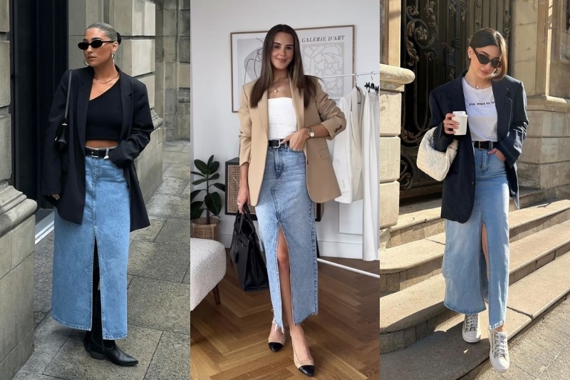 Phối chân váy jean dài với blazer cá tính