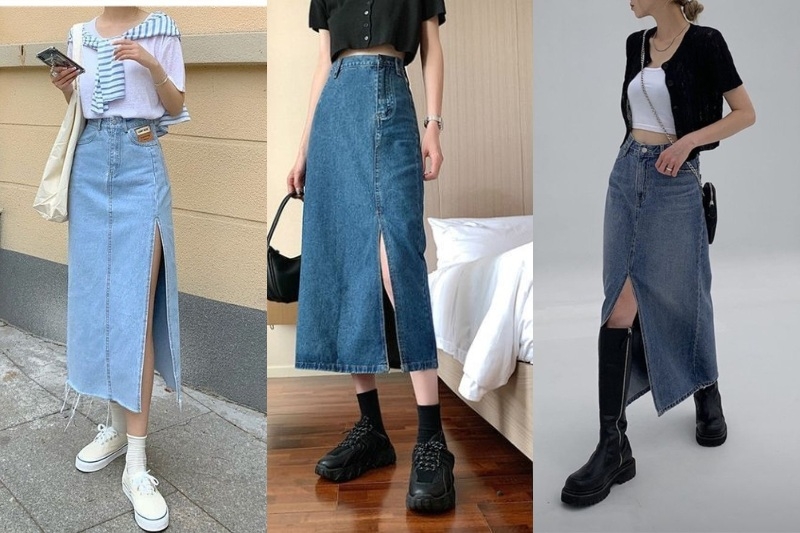 Chân váy jean dài kiểu dáng xẻ tà