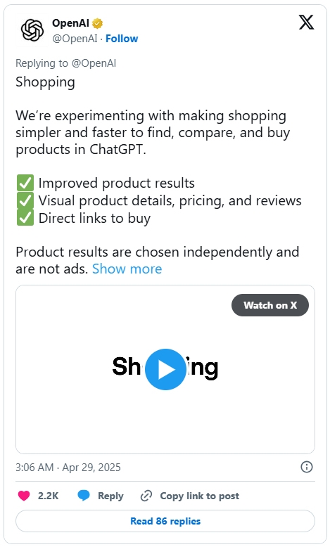 ChatGPT nâng cấp khả năng tìm kiếm mua sắm: Có ảnh, giá và đánh giá sao như Google Shopping