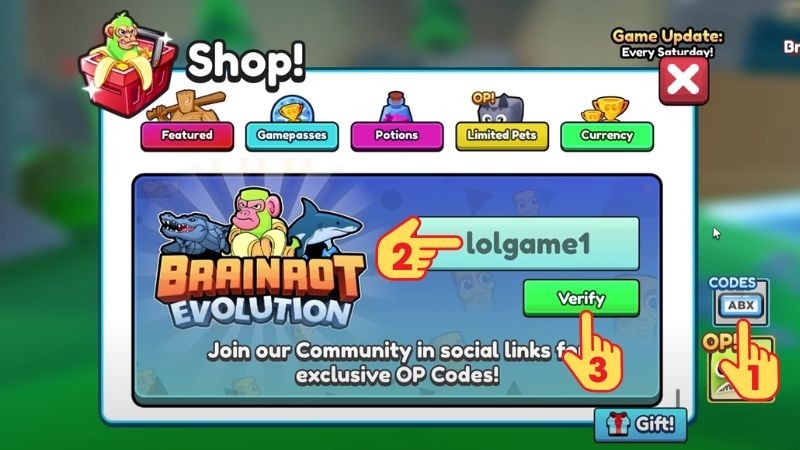 Trong giao diện ABX Codes, nhập mã Brainrot Evolution mới nhất