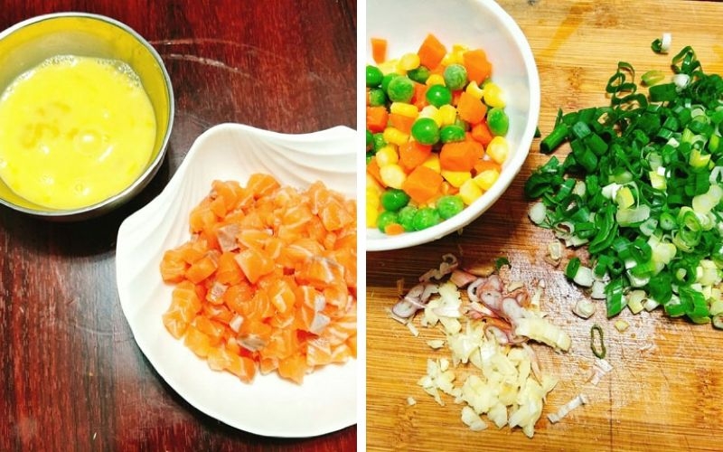 Sơ chế nguyên liệu làm cơm chiên cá hồi