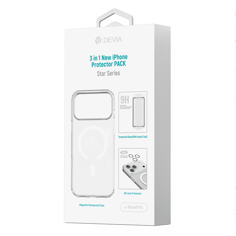 Combo 3in1 miếng dán kính cường lực/ốp lưng magsafe/ lens camera iPhone 17 pro devia