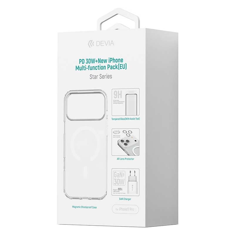 Combo 4in1 miếng dán kính cường lực/ốp lưng magsafe/ lens camera/ củ sạc 30w iPhone 17 pro devia