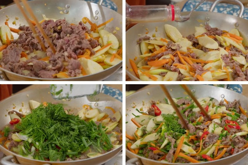 cho hành lá, thìa lá xào cùng củ niễng thịt bò