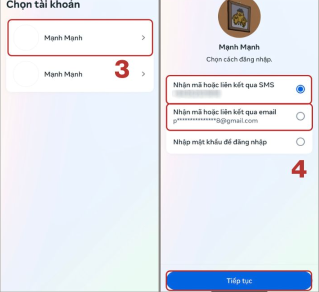 Chọn hình thức nhận mã qua SMS hoặc email rồi nhấn Tiếp tục