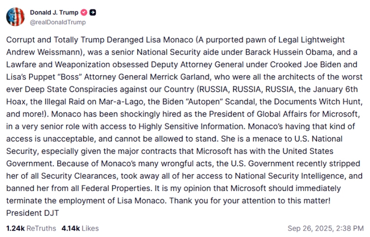Donald Trump công kích giám đốc đối ngoại toàn cầu của Microsoft