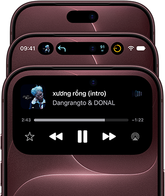 3 chiếc iPhone 18 Pro màu Đỏ Burgundy được xếp thành hình quạt xòe ra để hiển thị Dynamic Island ở các chế độ khác nhau: tắt, được thu nhỏ, được phóng to