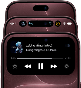 3 chiếc iPhone 18 Pro màu Đỏ Burgundy được xếp thành hình quạt xòe ra để hiển thị Dynamic Island ở các chế độ khác nhau: tắt, được thu nhỏ, được phóng to
