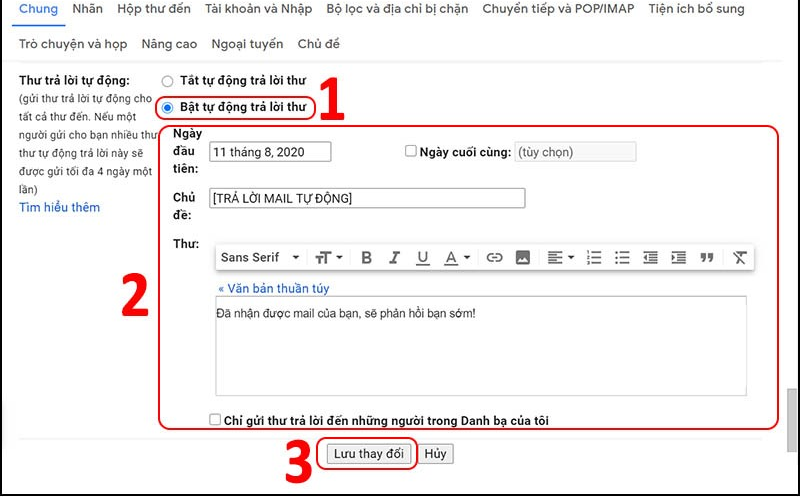 Cài đặt trả lời email tự động