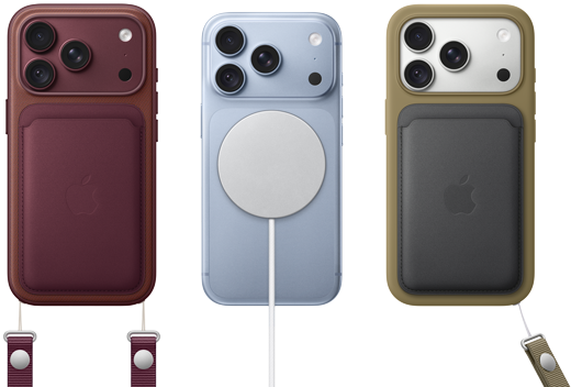 iPhone 18 Pro, vỏ ngoài mặt sau, màu Đỏ Burgundy, Ví Vải Tinh Dệt MagSafe màu Đỏ Burgundy; iPhone 18 Pro, vỏ ngoài mặt sau, màu Băng Thanh, với Pin MagSafe; iPhone 18 Pro, vỏ ngoài mặt sau, màu Bạc, Ốp Lưng Silicon màu Xanh Lá và Bộ Sạc MagSafe