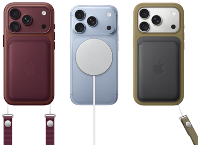 iPhone 18 Pro, vỏ ngoài mặt sau, màu Đỏ Burgundy, Ví Vải Tinh Dệt MagSafe màu Đỏ Burgundy; iPhone 18 Pro, vỏ ngoài mặt sau, màu Băng Thanh, với Pin MagSafe; iPhone 18 Pro, vỏ ngoài mặt sau, màu Bạc, Ốp Lưng Silicon màu Xanh Lá và Bộ Sạc MagSafe