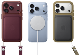 iPhone 18 Pro, vỏ ngoài mặt sau, màu Đỏ Burgundy, Ví Vải Tinh Dệt MagSafe màu Đỏ Burgundy; iPhone 18 Pro, vỏ ngoài mặt sau, màu Băng Thanh, với Pin MagSafe; iPhone 18 Pro, vỏ ngoài mặt sau, màu Bạc, Ốp Lưng Silicon màu Xanh Lá và Bộ Sạc MagSafe