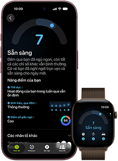 iPhone 18 Pro, màu đen, vỏ ngoài mặt trước, hiển thị kết quả của trạng thái Sẵn Sàng (7 điểm), được ghép đôi với Apple Watch, quay về phía trước, màu nâu, cũng hiển thị điểm trạng thái Sẵn Sàng là 7