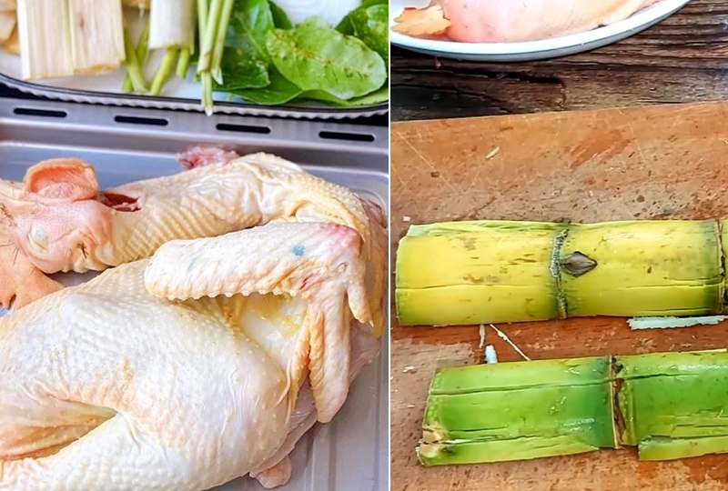 Sơ chế gà và mía.