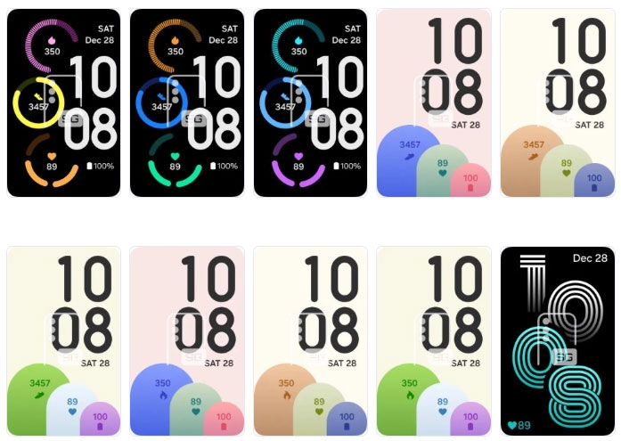 Galaxy Fit 4 có nhiều kiểu mặt đồng hồ với bố cục và cách phối màu khác nhau.
