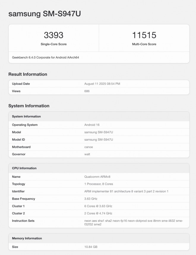 Galaxy S26 Edge với Snapdragon 8 Elite 2 xuất hiện trên Geekbench