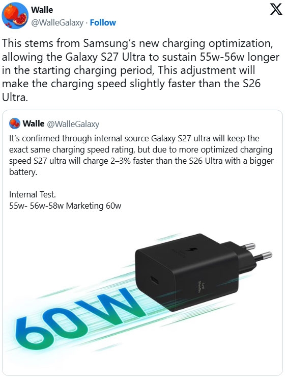 Galaxy S27 Ultra được thử nghiệm khả năng duy trì công suất 55 đến 56 W lâu hơn để cải thiện tốc độ sạc tổng thể.