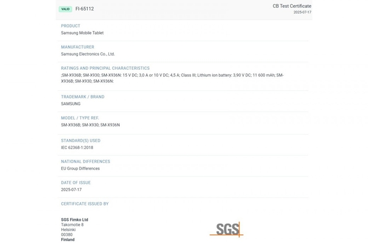 Galaxy Tab S11 Ultra được xác nhận dung lượng pin và công suất sạc