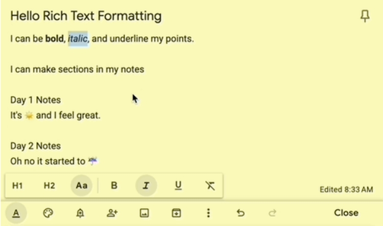 Google Keep trên web chính thức hỗ trợ định dạng văn bản