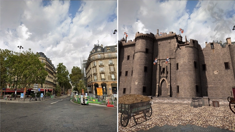 Hình ảnh hiện tại và quá khứ của pháo đài La Bastille tại Paris khi sử dụng AR của Google Maps