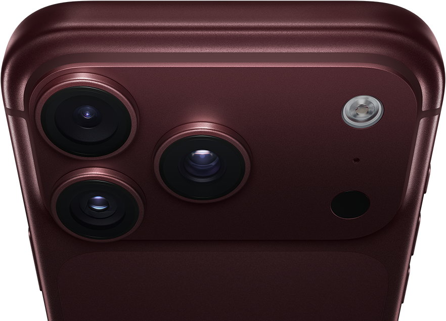 iPhone 18 Pro Max, màu đỏ burgundy (đỏ đậm), vỏ ngoài mặt sau, hệ thống camera Pro Fusion ở phía trên cùng, 3 ống kính, các lưỡi cắt khẩu độ thay đổi đóng một phần, đèn flash, micrô và LiDAR Scanner, vỏ ngoài mặt trên, ăng-ten mạng di động, các cạnh sườn phẳng, các viền bo tròn