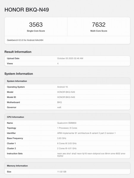 Honor Magic8 phiên bản toàn cầu xuất hiện trên Geekbench với Snapdragon 8 Elite Gen 5