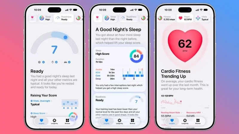 Ứng dụng Sức khỏe trên iOS 27.2 hiển thị dữ liệu giấc ngủ và thể lực theo dạng thẻ trực quan.