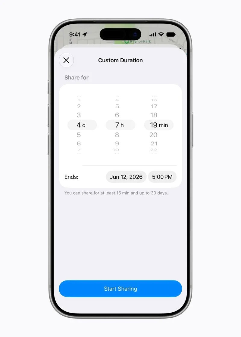 Find My trên iOS 27 cho phép người dùng tùy chỉnh thời gian chia sẻ vị trí theo khoảng thời gian cụ thể.