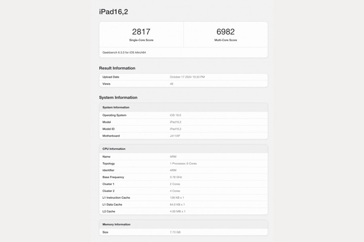 iPad mini (2024) được xác nhận có RAM 8GB thông qua Geekbench