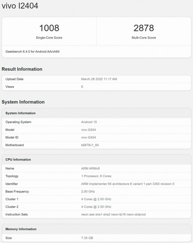 iQOO Z10x lộ diện trên Geekbench: Dimensity 7300, RAM 8GB, chạy Android 15