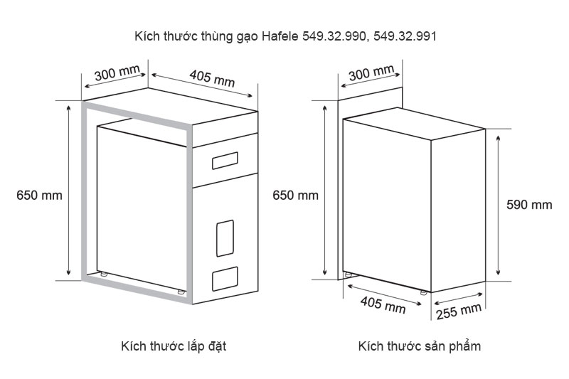 k&iacute;ch thước th&ugrave;ng gạo Hafele h&igrave;nh 4