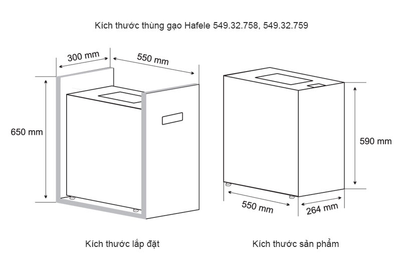 k&iacute;ch thước th&ugrave;ng gạo Hafele h&igrave;nh 5