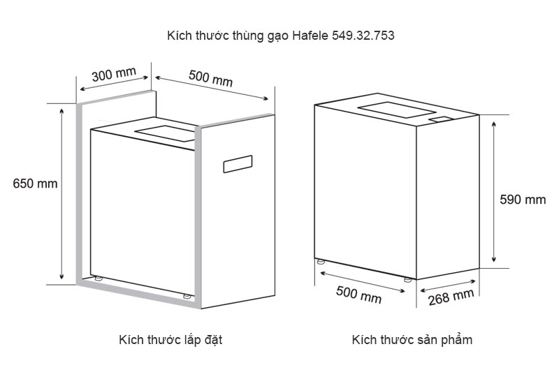 k&iacute;ch thước th&ugrave;ng gạo Hafele h&igrave;nh 6