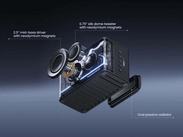 Hệ thống 2.5″ mid-bass, 0.75″ tweeter và passive radiator