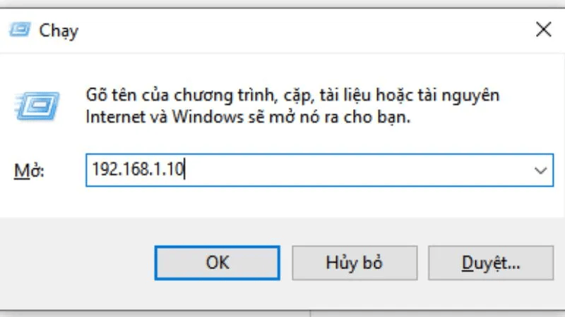 Nhập địa chỉ IP máy in trong hộp thoại Run