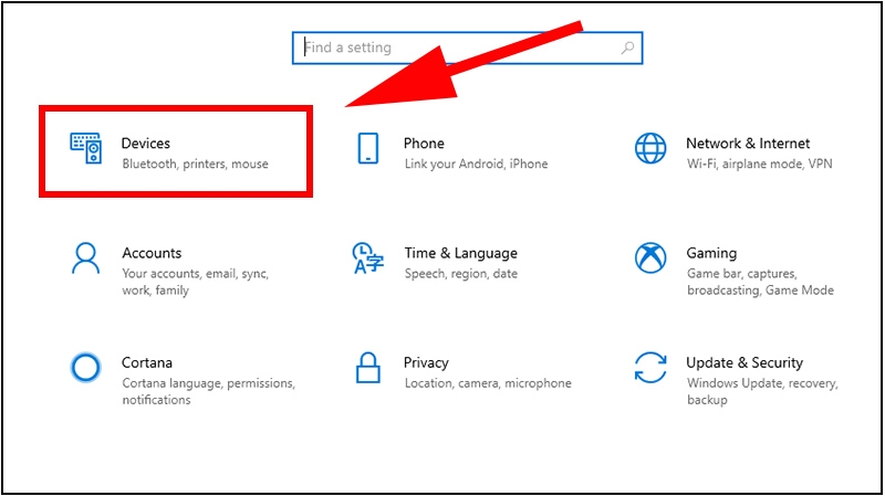 Mở cài đặt thiết bị trên Windows 10