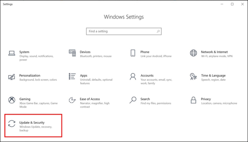 Mở cài đặt cập nhật và bảo mật trên Windows 10