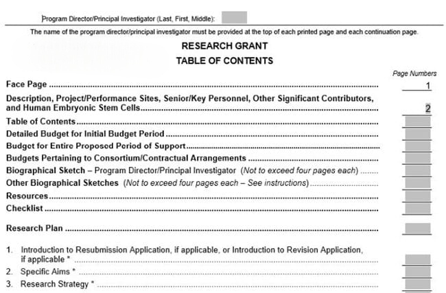 research grant table of contents