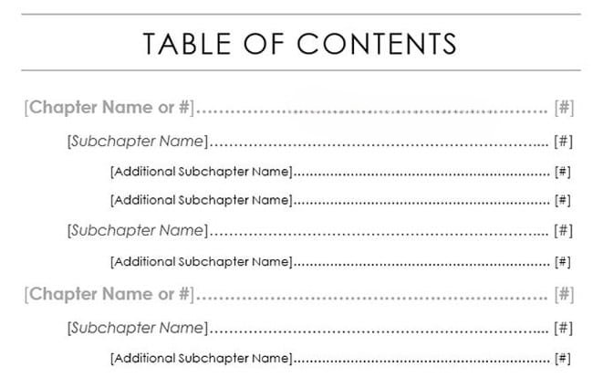 formatted table of contents