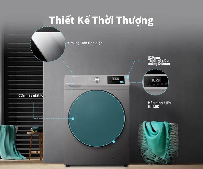 Hisense Inverter 10.5 kg WFQA1043BT sở hữu thiết kế hiện đại và tiện lợi