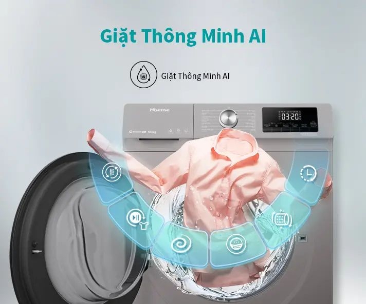 Hisense Inverter 10.5 kg WFQA1043BT trang bị cơ chế giặt thông minh AI