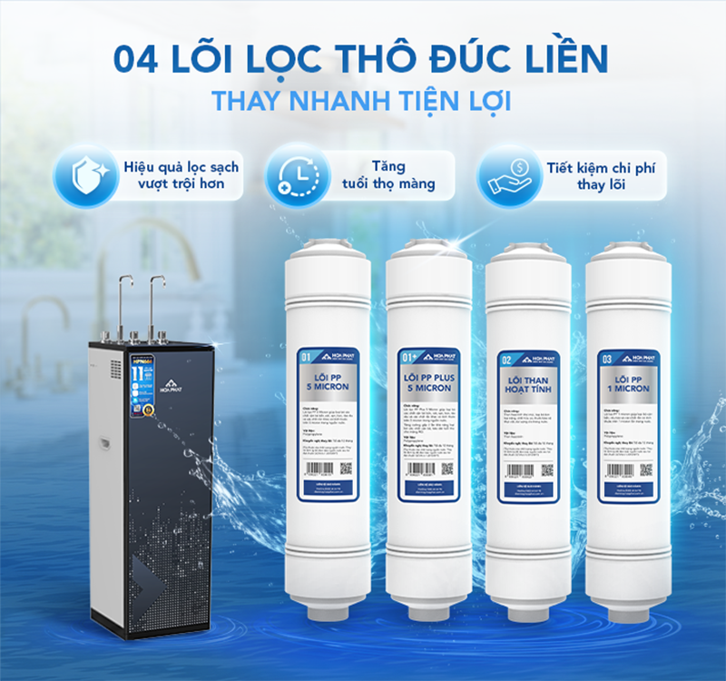 Máy lọc nước nóng lạnh RO Hydrogen Hòa Phát 11 lõi HPN666 với 4 lõi lọc thô đúc liền