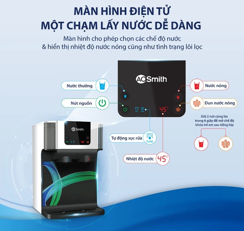  Máy lọc nước nóng nguội RO A.O. Smith 4 lõi ROSS ECO-AOC75PUR trang bị bảng điều khiển cảm ứng hiện đại